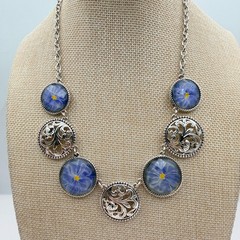 Vintage 90s Silver Tone Blue Flower Glass Cabochon Classic Fashion Jewelry Set