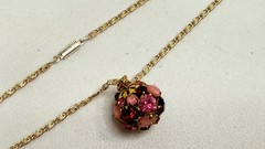 Vintage Necklace Choker Germany Disco Ball Style Pink Gemstones Gold Tone Chain