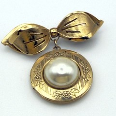 Vintage Gold Bow Brooch Dangle Locket Faux Pearl Photo Pendant Pin