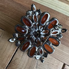Vintage Flower Brooch 2 Inch Satin Amber Acrylic Layered Tiered Aurora Borealis