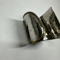 Vintage Mixed Metals Brutalist 7″ Cuff Bracelet Blue Swirl Glass Stone