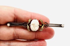 Long Art Deco Carved Shell Cameo Brooch Filigree Gold Filled Antique Jewelry