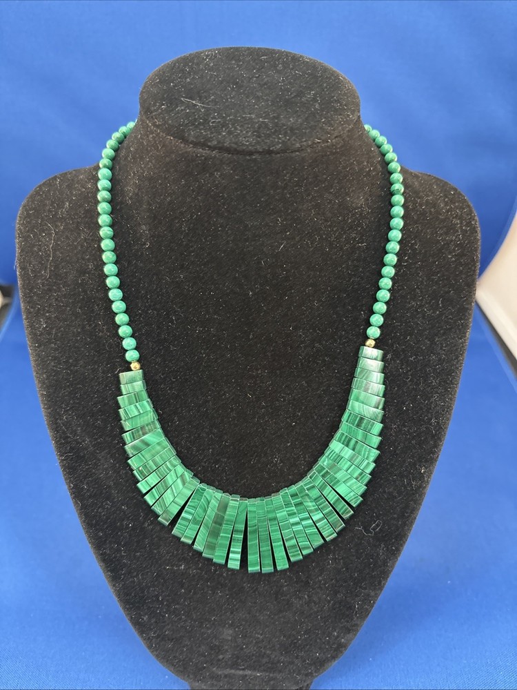 Stunning Green Malachite Egyptian Style Bib Necklace – 15.5 Inches
