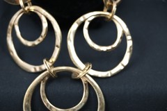 Long Gold Tone Circle Link Necklace Hammered Rings Brown Cord