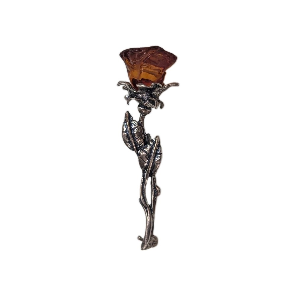 Vintage Sterling Silver Carved Baltic Amber Rose Flower Brooch Pin 2″
