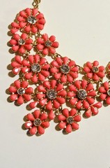 Vintage Charming Charlie Pink Coral Flower Petal Statement Necklace Rhinestones