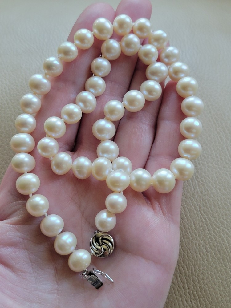 VINTAGE CULTURED 9-10 mm PEARL NECKLACE W/ 14K SOLID WHITE GOLD CLASP 18 inch