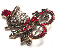 Modern Festive Rhinestone Christmas Holly Dangle Bell With Ribbon Pin / Brooch