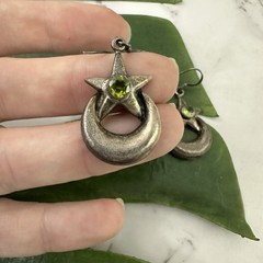 Vintage 90s Sterling Silver 925 Earrings Moon Stars Green Stone Celestial Dangle