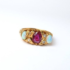 Vintage 18K Solid Gold Opal Diamond Ruby Ring, Made in England 1930, GIA Cert.