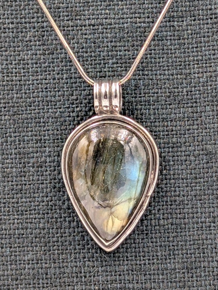 Vtg Sterling Large Teardrop Labradorite Pendant 30 +” Octagon Snake 925 Necklace