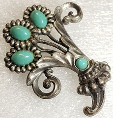 Vintage Classic Art Deco/ Nouveau Turquoise Blue Cabochon Floral Flower Brooch
