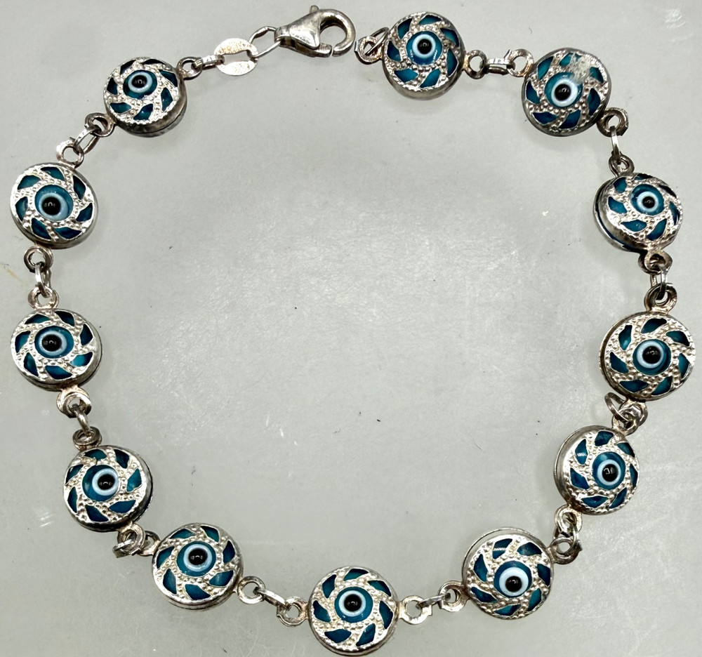 ESTATE STERLING SILVER SWIRL EVIL BLUE EYE BEAD GOOD LUCK LINK BRACELET