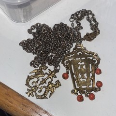Vintage Victorian Revival Griffin Pendant Dbl Necklace Gothic Heraldic Gold Tone