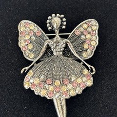 Vintage Fairy Angel Rhinestone Brooch Pin Pink Yellow Crystal Silver Tone