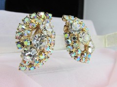 Vintage Chunky Clear & AB Rhinestone Earrings Clip-On Gold Plate