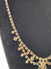 Antique Victorian Revival Silver Tone Faceted Rhinestone Bow Statement Necklace