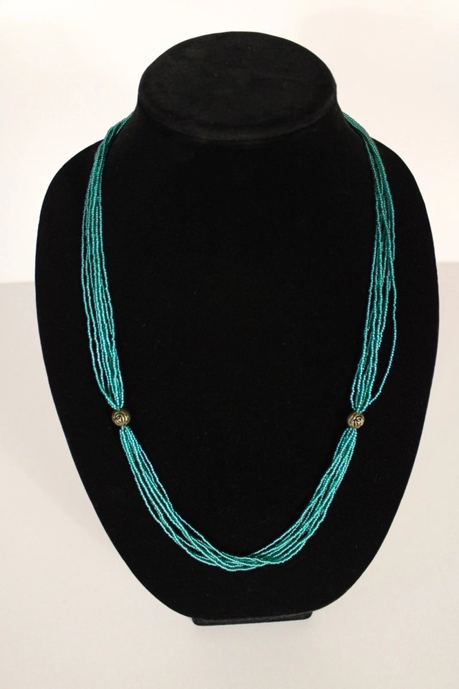 Beaded Necklace Dark Blue Green 28″ 28 in 8 Strand Small Tiny Seed Bead Handmade