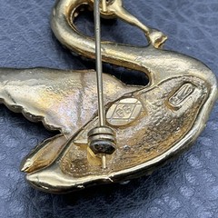 Vintage Swan Brooch Gold Tone Clear Rhinestone Bird Pin Red Eye Costume Jewelry
