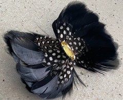 Vintage Real Guinea Bird Feather Pin Brooch Rhinestone Black White Statement
