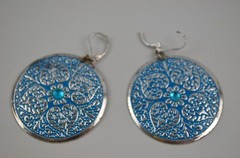Silver Tone Pierced Wire Hook Earrings Large Round Blue Medallion 1.75″ Across