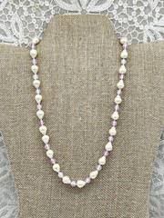 Vintage Freshwater Pearl Necklace Lavender Glass Beads with Gold Tone Clasp