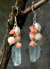 Aquamarine natural coral earrings with pearls