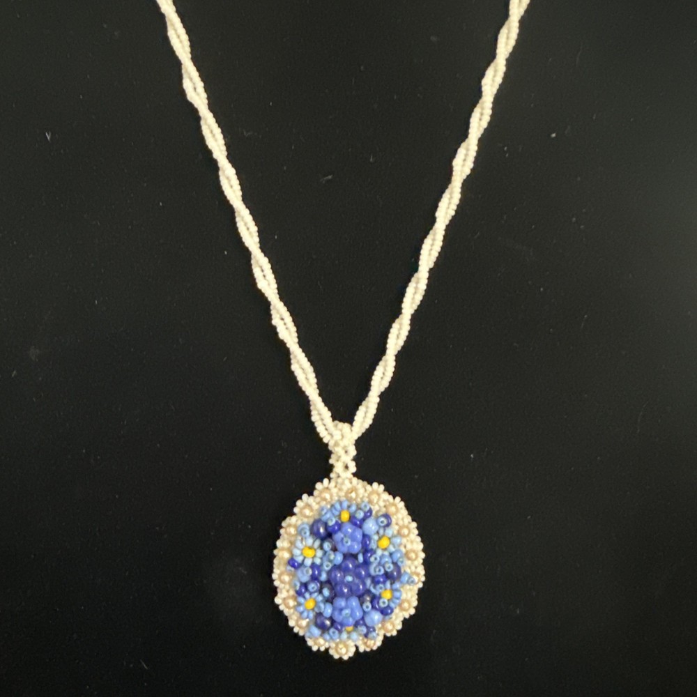Vintage Hand Beaded Floral Cluster Pendant Necklace Blue & White Glass Seed Bead