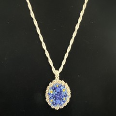 Vintage Hand Beaded Floral Cluster Pendant Necklace Blue & White Glass Seed Bead