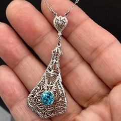 Art Deco Sterling Silver Filigree Necklace Teal Rhinestone Necklace 16″ Antique