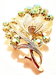 Signed Coro Green AB Rhinestone Floral Brooch 2 1/4″ Silver Tone Pin