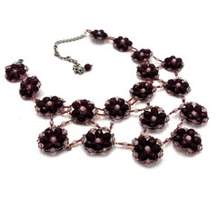 VintagPurple Pink Beaded Flower Bib Necklace Floral Garden Party Necklace 15-21″