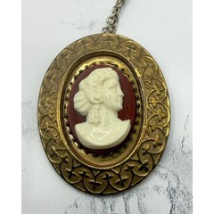Vintage Large Portrait Cameo Pendant Brooch 2″ Ornate Gold Tone 18″ Chain