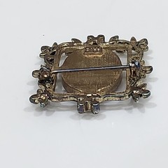 Vintage Cameo Brooch Gold Tone Floral Square Frame Crystals Signed AAi