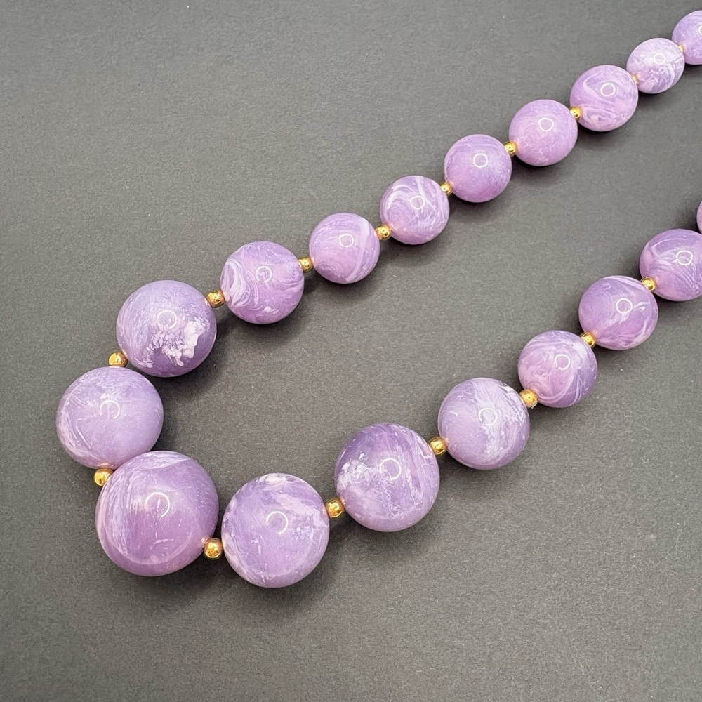 Vintage Joan Rivers Marbled Purple Acrylic Lucite Necklace Beaded Gold Tone 21″