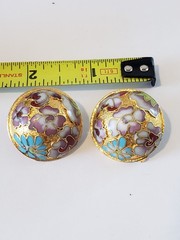 Vintage Floral Cloisonne Domed Round Clip Earrings Multicolored Gold Tone