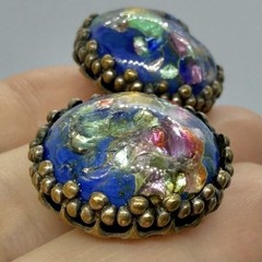 Vtg Old Confetti Glass Blue Foil Cabochon Brass Huggie Chunky Earrings Clip-on