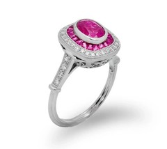Art Deco Style Oval Ruby & Lab Created Diamond 14K White Gold FN Engagement Ring