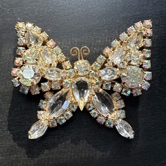 Signed Kramer Rhinestone Butterfly Brooch Clear & AB Gold Tone Vintage 1950s