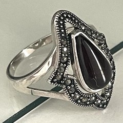 QSYZP Silver Marcasite Banded Agate Sardonyx Teardrop Ring Vintage StyleSIZE 8