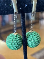 Vintage Green Glass Seed Bead Dangle Drop Clip On Earrings Go Go Style 2”
