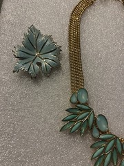Vintage Teal Blue Green Mint Bib Necklace W/ Matching Cuff Bracelet And Brooch