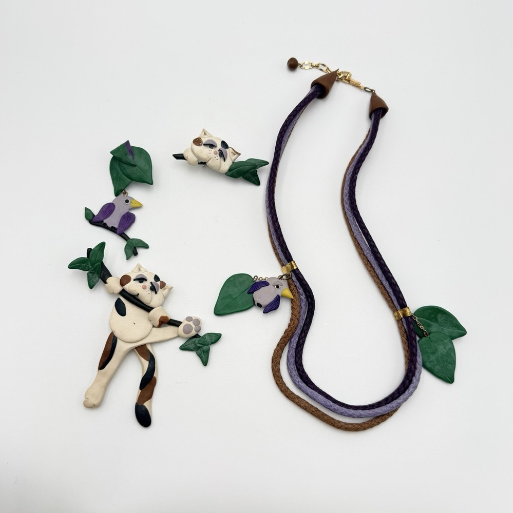 Vintage Cat Bird Polymer Clay Jewelry Set Necklace Brooch Clip Earrings 4 Pc