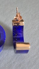 Vintage 14K Yellow Gold Hong Kong Lapis Hoop Earrings 1” Long, Vintage