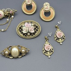 Vintage 1928 Jewelry Lot Ceramic Rose Flower Rhinestone Victorian Faux Pearl