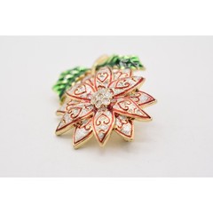 Vintage Christmas Flower Pin Brooch Glitter Enamel Red Silver Gold NOS BinA3