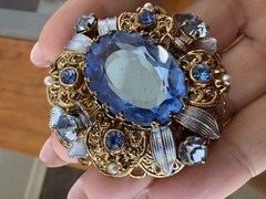 Vintage West Germany Baby Blue Art Glass Brooch Earrings Set Gold Tone Filigree