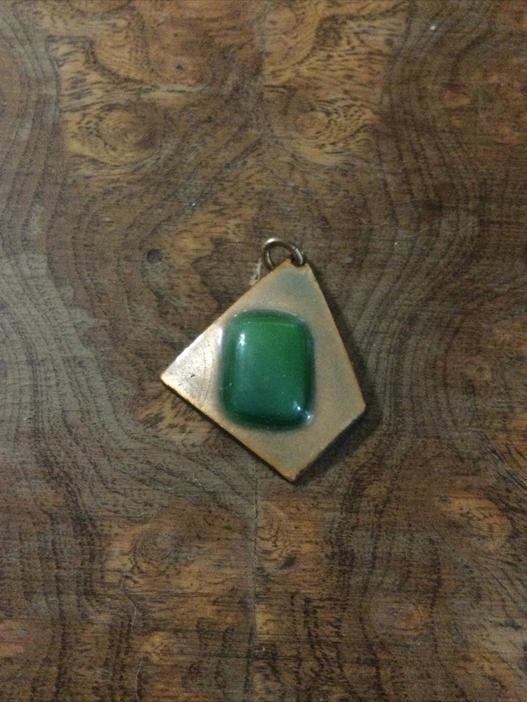 Enamel Copper Pendant Green Rectangular Shape Center W/ White Obverse Abstract