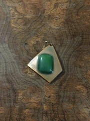 Enamel Copper Pendant Green Rectangular Shape Center W/ White Obverse Abstract