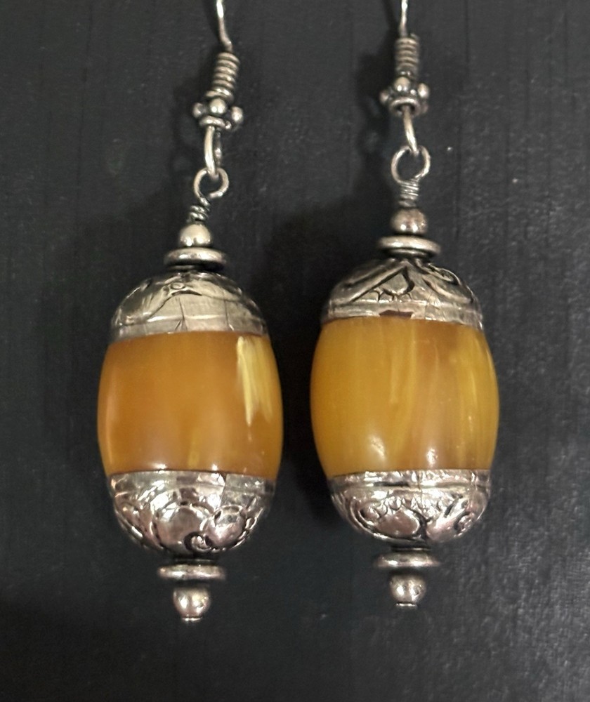Amber Resin & Sterling Earrings Tribal Beads From Nepal Dangle Style 2” Vtg